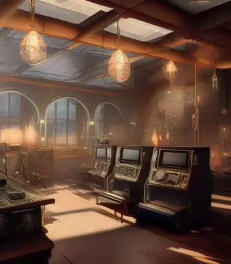 an image of a steampunk style interior, with high tech, futuristic equipment, computers, high quality, realistic image