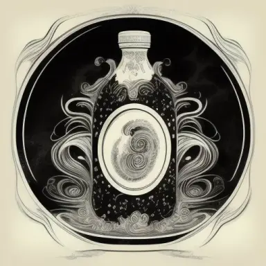 Hand drawing of swirls inside a vintage bottle. Graphic style. Black and white. Style japanese. Art nouveau frames