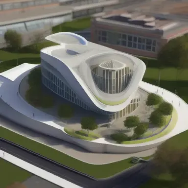 A sleek modern building for a social media company. Birds eye view. Style of a victorian era painting