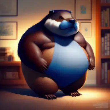 an extremely muscular anthropomorphic beaver with a big round gut, full body, wearing blue dress uniform, cozy indoor lighting,