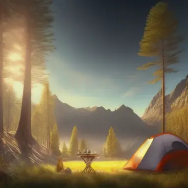 campsite photographie, photorealistic fantasy, art by , in the style of Mort Kunstler, Pinterest Pixar, sunlight natural ligh