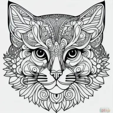 (coloring page), mandala, realistic cat, uncolorized, black and white, thin lines, empty spaces, masterpiece, square page