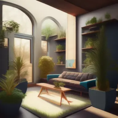 environment living room interior, mid century modern, indoor garden with fountain, cats everywhere,retro,m vintage, designer fur