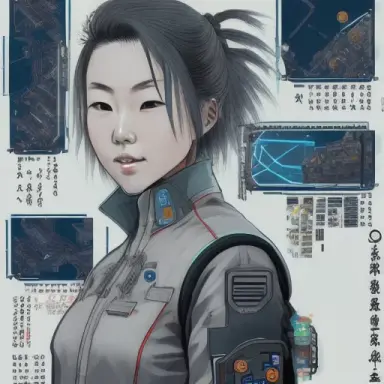 Young japan woman. Her hair is in a short bob. She is a mechanic. She has a grey cyber suit. Astroport setting