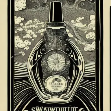 Hand drawing of swirls inside a vintage bottle. Graphic style. Black and white. Style japanese. Art nouveau frames