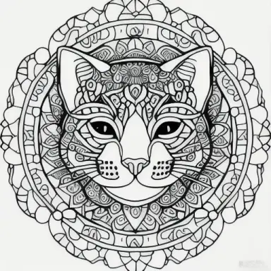 (coloring page), mandala, realistic cat, uncolorized, black and white, thin lines, empty spaces, masterpiece, square page