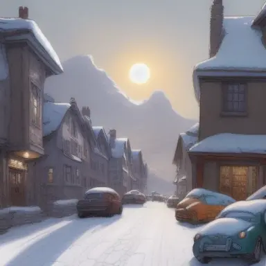 the sun rises over the street of small snowy village, mountains in the distance snowy, drawing, comic icy, art by Anton Pieck,