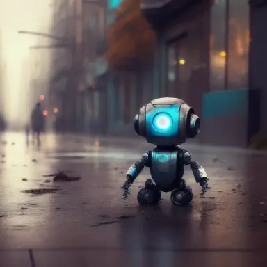 very cute little robot sitting on the ground a little rusty and a little damaged left abandoned in a street in rainy weather, ve