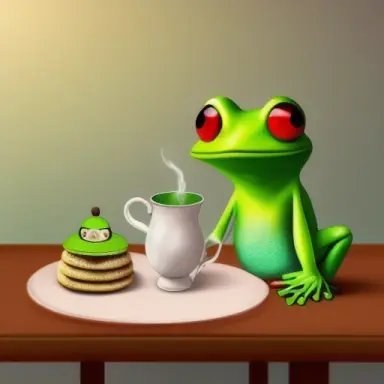 Frog and stork, animal and bird, photorealistic, sitting at the table, drinking a tea, triangle shaped cookies on the table, pup
