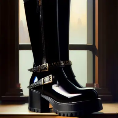 9 INCH PLATFORM boots with multi buckle, BLACK PATENT , nostalgia professional majestic oil painting by Ed Blinkey, Atey Ghaila