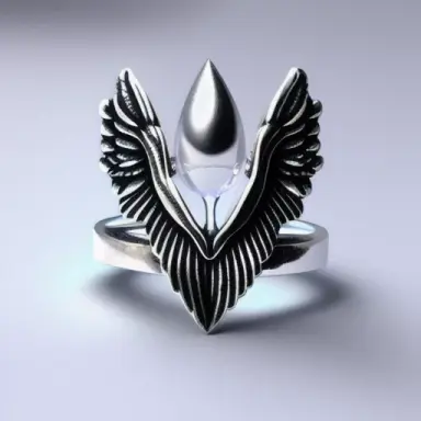 ring jewelry silver metal , amethist pear shape, lace angel wings ,fantasy style,marketplace composition,studio light
