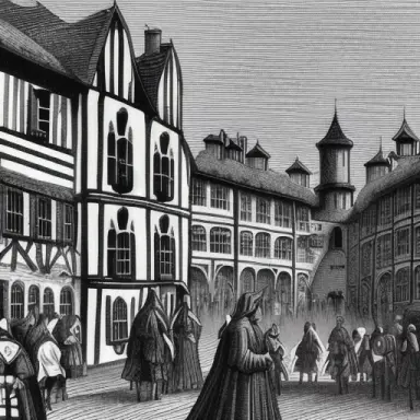 medieval town, crowd, straight lines, mental hospital
