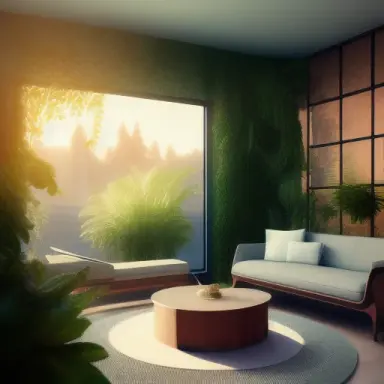 environment living room interior, mid century modern, indoor garden with fountain,retro,m vintage, designer furniture made of wo