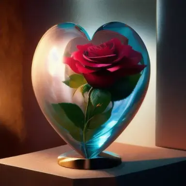 A beautiful girl inside heart shaped glass heart with a rose inside, a hologram, by Raymond Teague Cowern, still from alita, mar