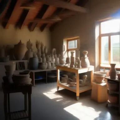 pottery studio with a kiln and a lot of clay pieces in the background with sunlight god rays coming from the window shining on t