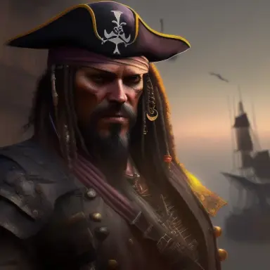 Pirate, bounty hunter, mediaeval, solo subject, detail matte painting, deep color, fantastical, intricate detail, splash screen,