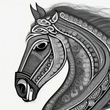 mandala horse, uncolorized, black and white, thin lines
