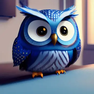 Cute small blue owl waving hello unreal engine, cozy indoor lighting, artstation, detailed, digital painting, cinematic, charact