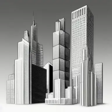 Skyscrapers. Cubes floating in the air. Graphic style. wireframe drawing. Black and white. Street view