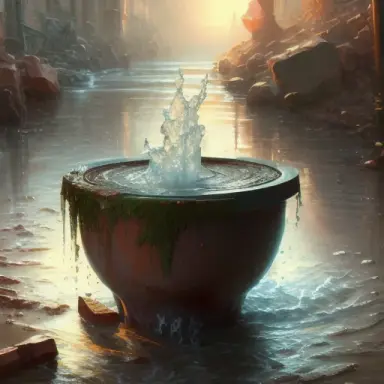 A beautiful painting of water spilling out of a broken pot, earth colored clay pot, vibrant background, by greg rutkowski and th