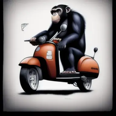 dessin chimpanzé sur scooter roulant sur arc en ciel