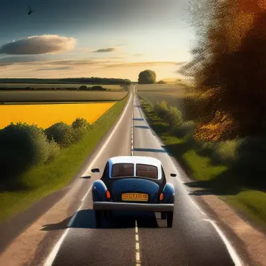zoom on many persons inside a car on a countryside road in a beautiful landsacpe, realistic artistic detailed hd photography