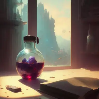 Arcane style, one single colorful potion in a round bottle with a glowing galactic landscape inside of it on a messy brown table