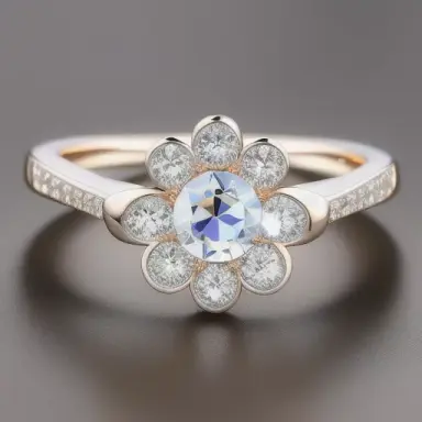 perfect crystal flower wedding ring, brilliant, beautiful, balanced, shiny, transparent, symmetrical