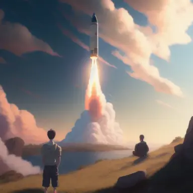 a highly detailed matte painting of a man on a hill watching a rocket launch in the distance by studio ghibli, makoto shinkai, b