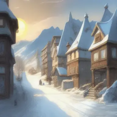 the sun rises over the street of small snowy village, mountains in the distance, drawing, comic icy, art by Anton Pieck, in the