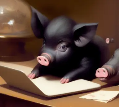 black baby pig looking at a web conference on a laptop, as Edwin Landseer painting