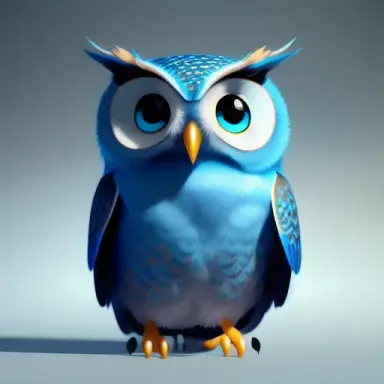 Cute small blue owl waving hello unreal engine, cozy indoor lighting, artstation, detailed, digital painting, cinematic, charact