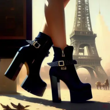 10 in platform high heel boots with buckles, nostalgia professional majestic oil painting by Ed Blinkey, Atey Ghailan, Studio Gh