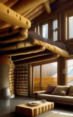 lounge of a chalet made with logs of wood, with a mezzanine floor, cozy indoor lighting, Alexandre Calame