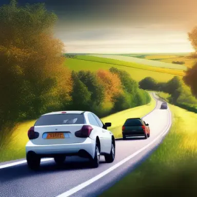 many persons in a car on a countryside road in a beautiful landsacpe, realistic artistic detailed hd photography
