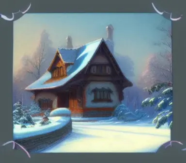 Winter landscape, one small village house, trees, color drawing, flat graphics, 24 colors, Alphonse Mucha
