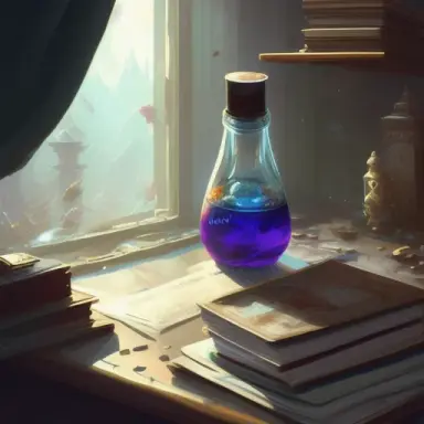 Arcane style, one single colorful potion in a round bottle with a glowing galactic landscape inside of it on a messy brown table