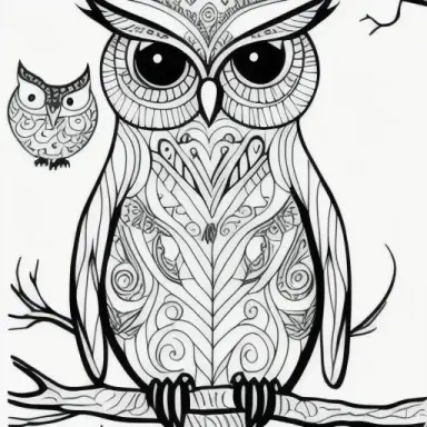 hand drawn owl on a tree (coloring page), fine lines, black and white