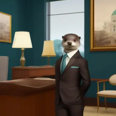 otter, wearing elegant suit, in a mayor office, cozy indoor lighting, highly detailed