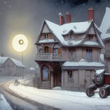 voiture ancienne, très vieille maison très basse, petite rue alsacienne, tempête de neige, dessin, tim burton, art by Anton Piec