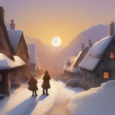 the sun rises over farmers, woman and children in the street of small snowy village, mountains in the distance, drawing, comic