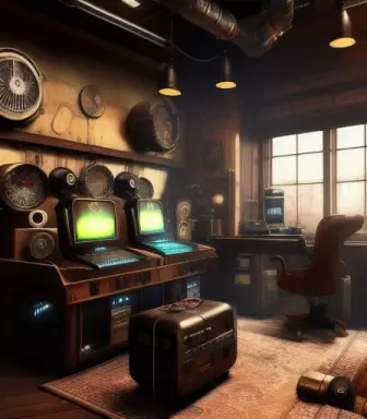an image of a steampunk style interior, with high tech, futuristic equipment, computers, high quality render