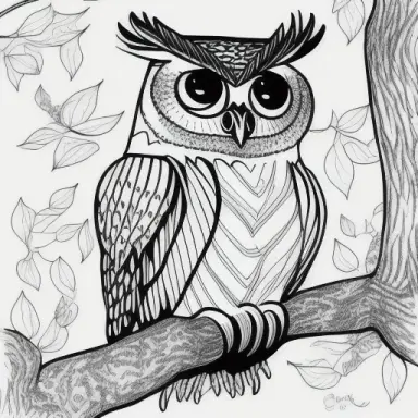 hand drawn owl in a tree coloring page black and white