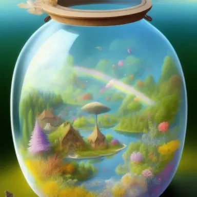 exquisitely intricately detailed illustration, of a small world with a lake and a rainbow, inside a closed glass jar