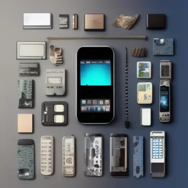 knolling of pieces of a cell phone , hyper realistic, high definition, professional photography
