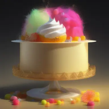 Esquidelilicious white dessert with translucide bright colors, candies fruits, gold filaments, hd 3D detailed Scott Naismith sty