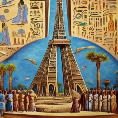 Egyptians of pharaonic Egypt building the Eiffel Tower, mural painting on an Egyptian temple