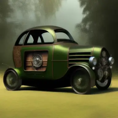 steampunk car like a green ford t, inspired designof automobile with mighty impresive oak trees in the blackround