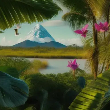 Generate a beautiful scene with a foreground of tropical lush flowers and a background featuring a mix of trees, a grassy plain,