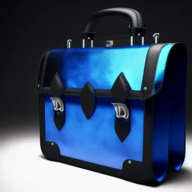 a shiny black leather reinforced briefcase that is sitting on a leather car seat and lets out a blue fog that turns into a skull